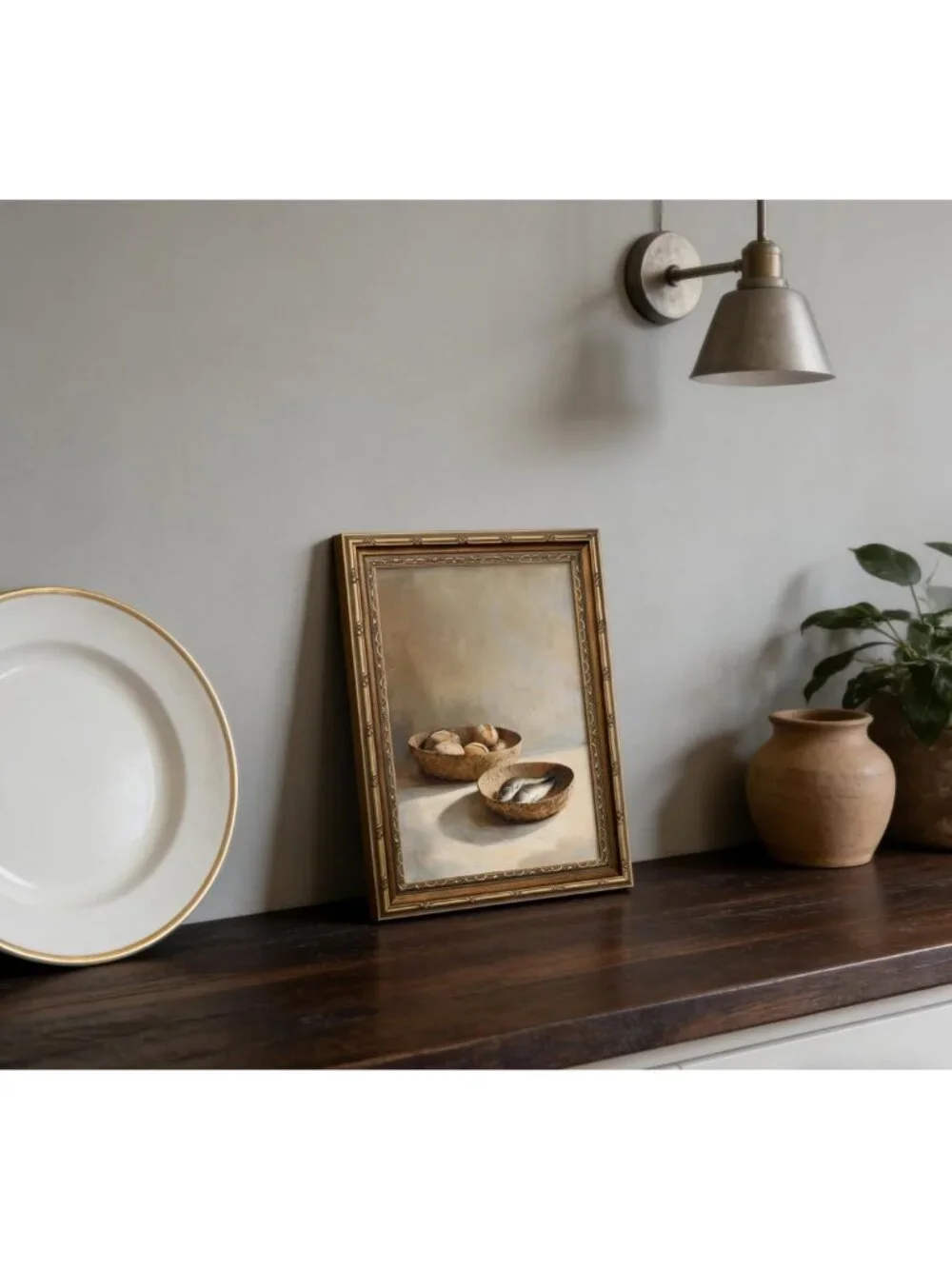 Vintage Gold Framed Still Life Canvas Art - Rustic Bread & Fish Wall Decor 16x24